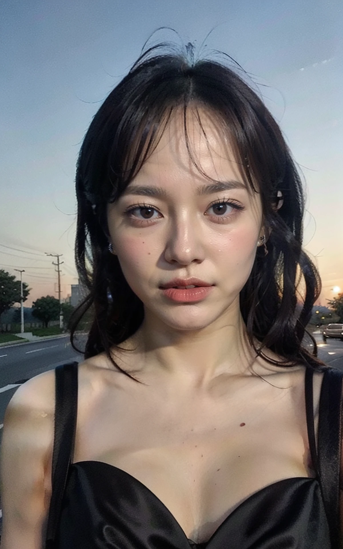 <lora:Sejeong_V1:1> Sejeong_V1, (realistic), (hyperrealism), (photorealistic:1.4), 1girl, looking at the viewer, eye makeup, detailed eyes, detailed face, (upper body:1.2), detailed background, black dress, walking at the streets, sunset, (windy:1.2)