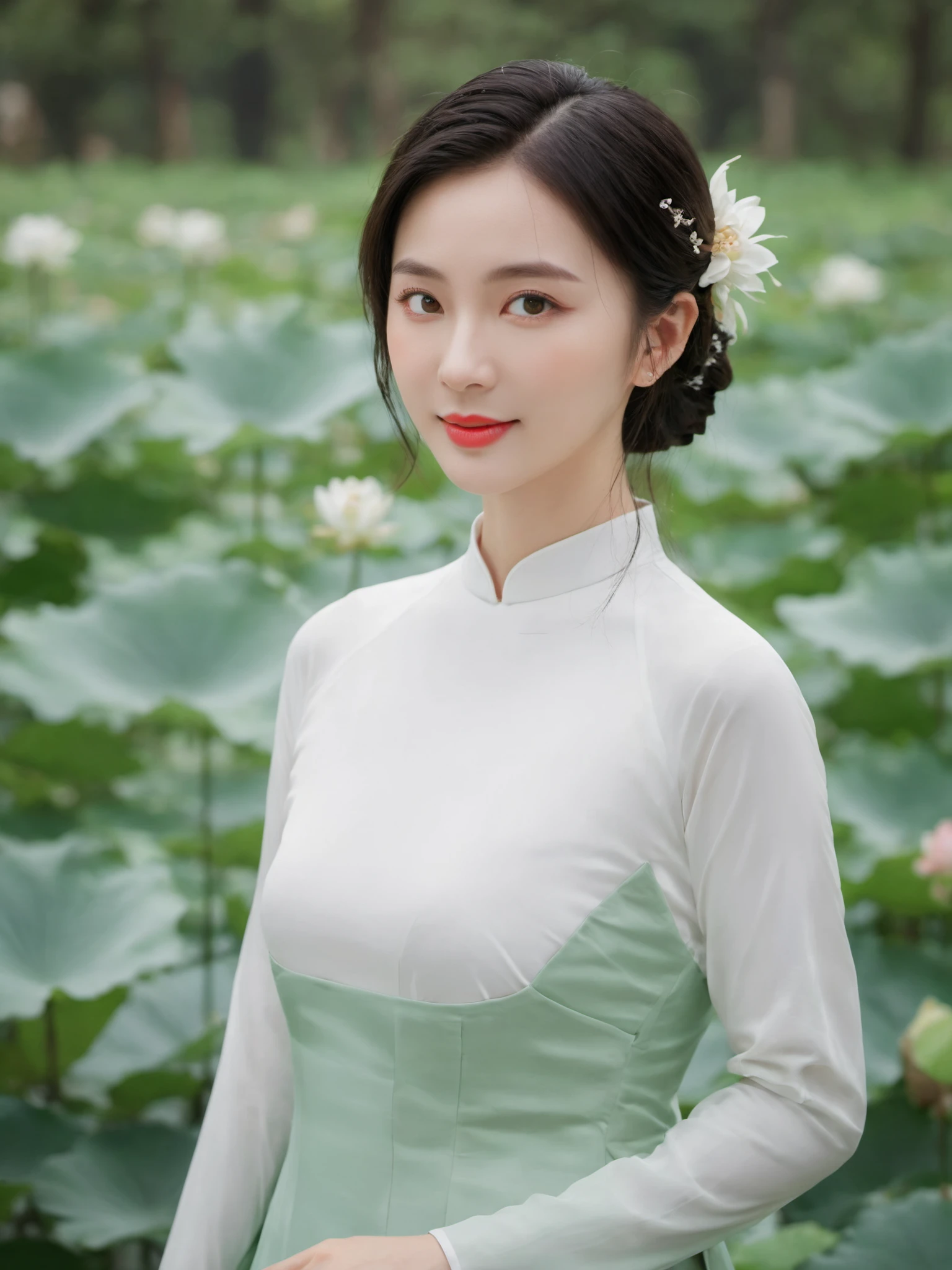 Best Quality,Masterpiece,Ultra High Resolution,(Realisticity:1.4),photorealistic,extreme detailed,Original Photo,1girl,portrait,(fullbody),elf,silver hair,solo,(dynamic posture:1.4),ao dai,(dark sea green tone:1.2),giant lotus leaf,dress,looking at the audiences,long sleeves,red lips,smile,50mm,F0.8,8K raw,depth of field,aodaixl,chinese girls,hanfu
<lora:aodaixl:0.7>, (best quality:1.3)