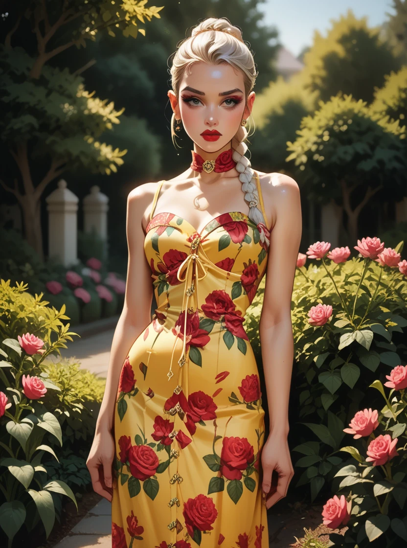 score_9, score_8_up, score_7_up, score_6_up, 1girl, white Dutch Braid Ponytail hair, makeup, lipstick, hud_dk_4, long yellow dress, floral print, sleeveless, <lora:dollskillpny-10:0.7>, garden