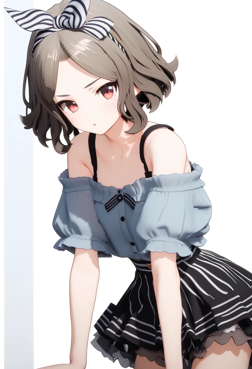 (score_9,score_8_up,score_7_up, ),
<lora:GBC_TOMO:1>,GBC_TOMO, 1girl, solo, red eyes, short hair, wavy hair, brown hair, blue off-the-shoulder shirt, black shoulder strap, puffy short sleeves, layered skirt, black skirt, off shoulder, bare shoulders, black and white striped bow headband, black and white striped bow, 
simple_background,white_background,3d,