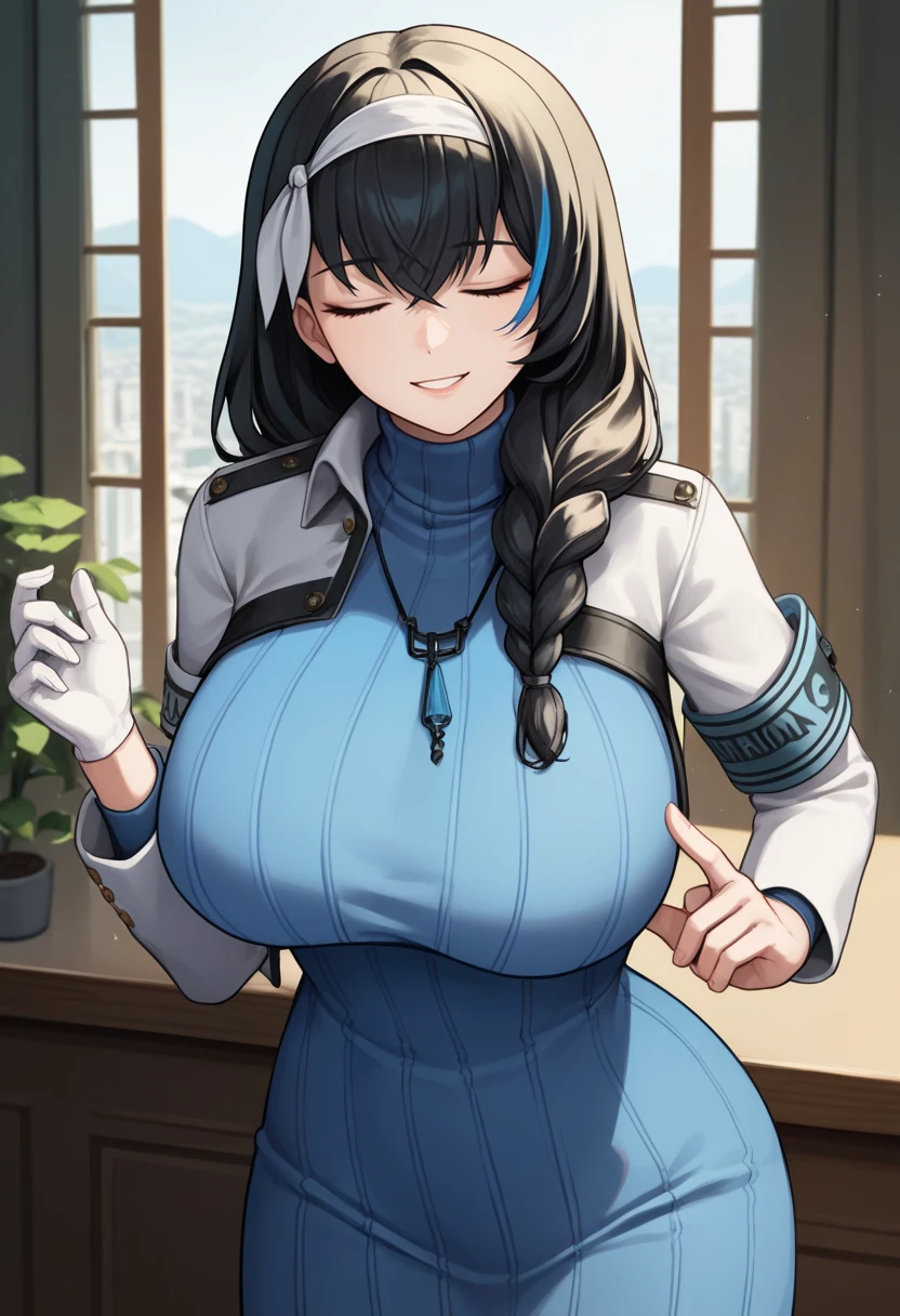 score_9, score_8_up, score_7_up, source_anime BREAK 1girl, solo, <lora:mary-nikke-richy-v1_pdxl:1> marydef, closed eyes, black hair, long hair, bangs, hair over shoulder, braid, streaked hair, blue hair, white hairband, blue sweater, turtleneck sweater, sweater dress, white jacket, armband, necklace, single glove, white gloves, large breasts, indoors, parted lips, smile, long sleeves, crop jacket