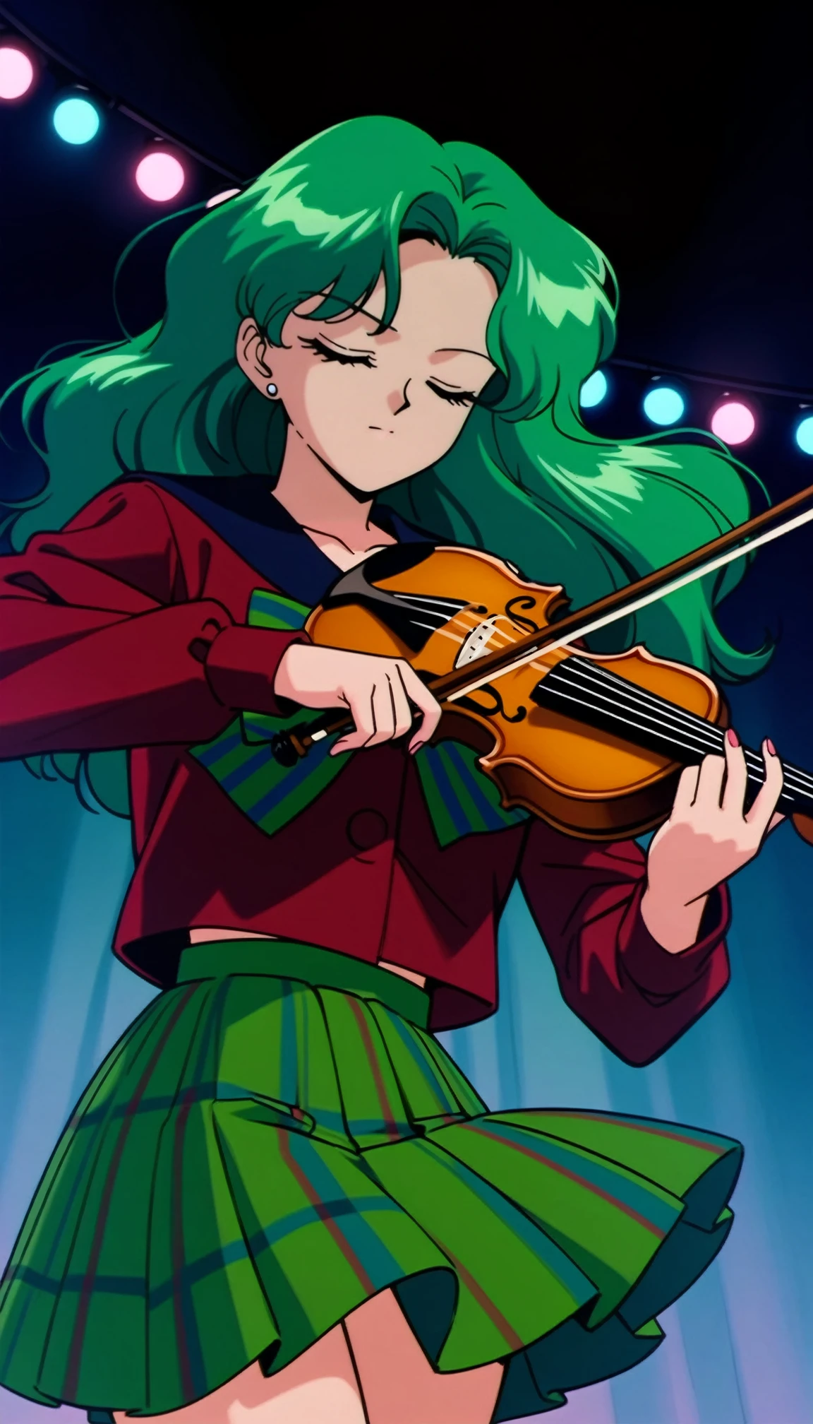 masterpiece,best quality,very aesthetic,ultra detailed,intricate details,<lora:Sailor Neptune XL:0.9>,Sailor Neptune XL,1990s \(style\),1girl,solo,stud earrings,long hair,green eyes,green hair,instrument,violin,closed eyes,solo,music,skirt,playing instrument,bow,striped bow,mugen school uniform,red shirt,long sleeves,shirt,plaid skirt,striped,plaid,stage curtains,stage lights,