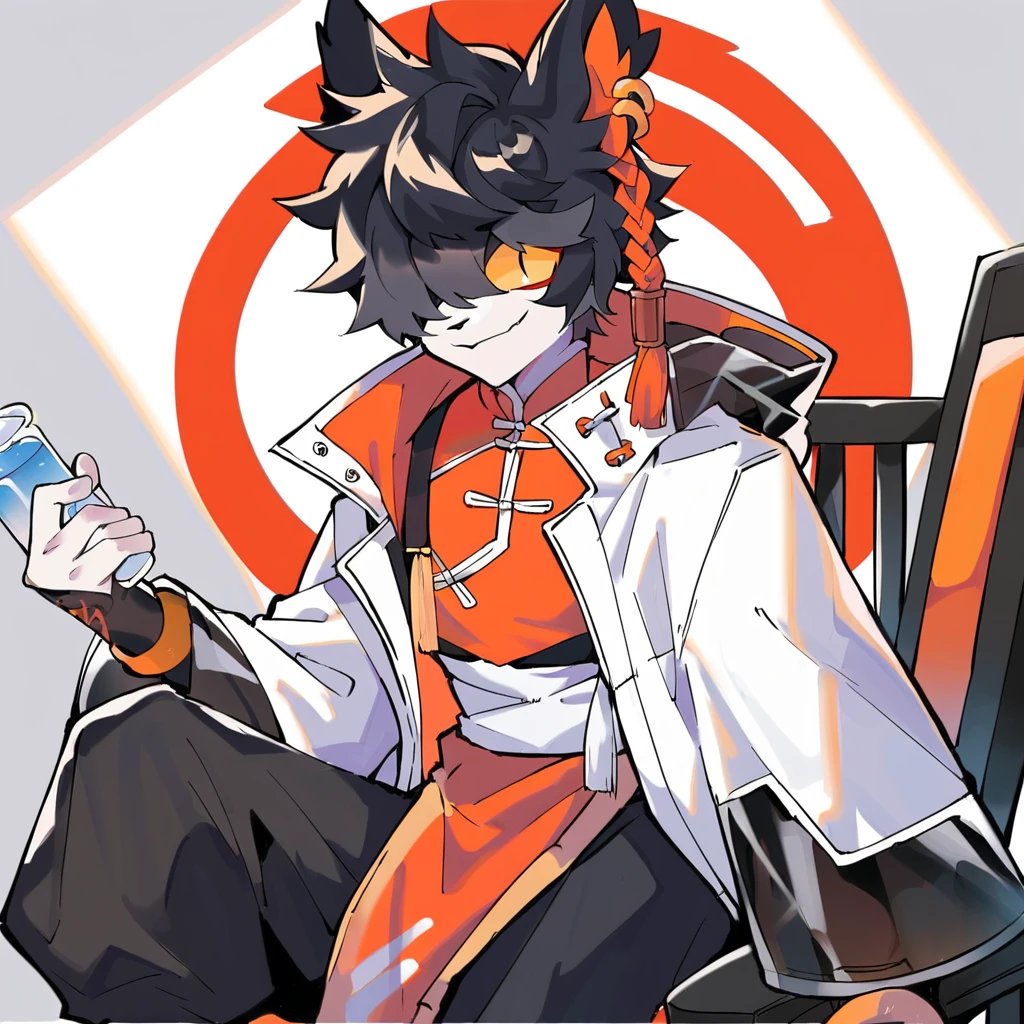 score_9, anime, detailed background, laboratory, soft lighting, 1boy, solo anthro male aakarknights, black hair, bangs, hair over one eye, earrings, orange single braid, yellow sclera, slit pupils, black pants, white coat, white sash. chinese clothes, orange vest, looking at viewer, smiling, sitting on chair, smug<lora:EMS-405490-EMS:0.800000>