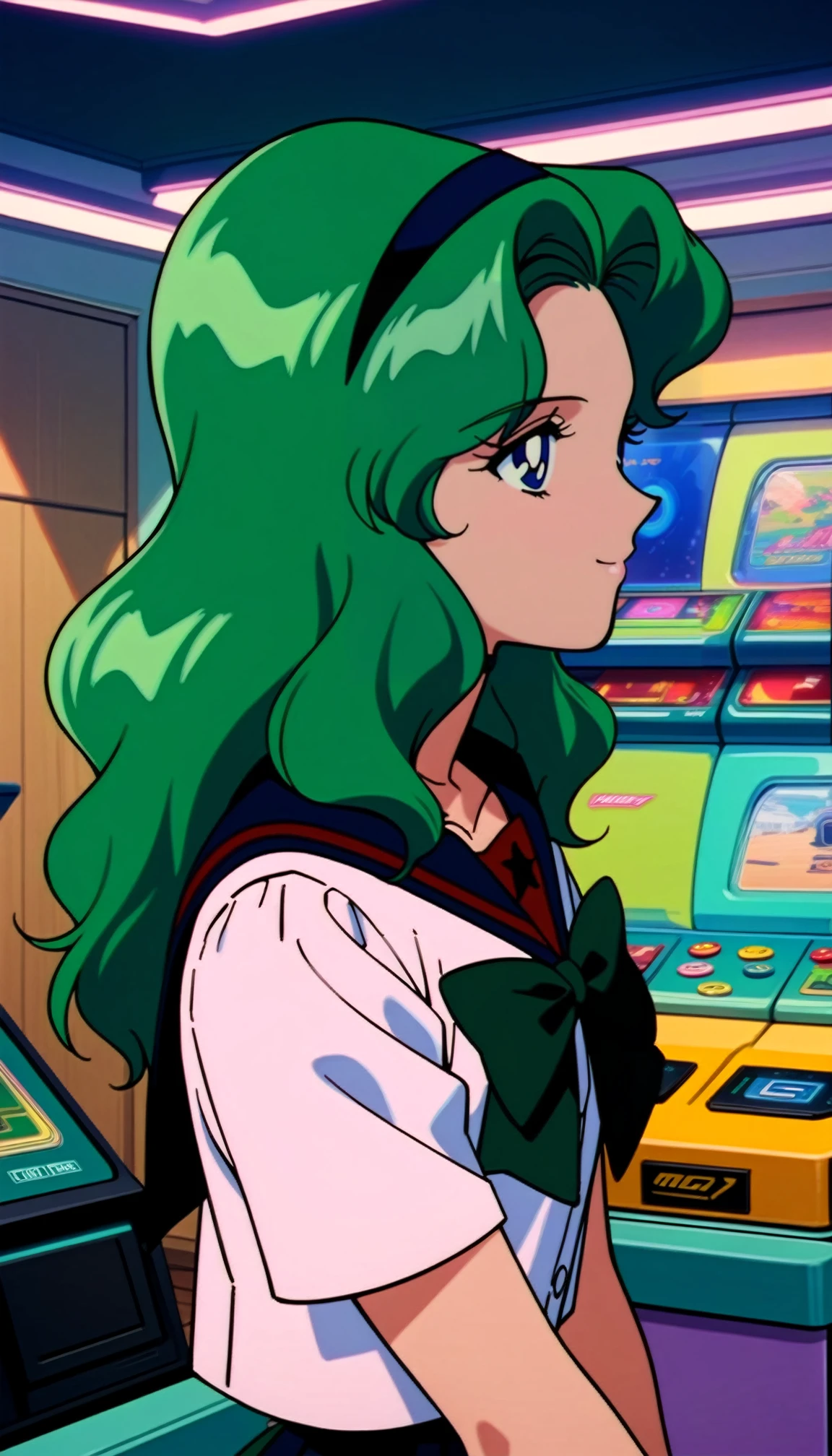 masterpiece,best quality,very aesthetic,ultra detailed,intricate details,<lora:Sailor Neptune XL:0.9>,Sailor Neptune XL,1990s \(style\),1girl,solo,long hair,green hair,mugen school uniform,earrings,jewelry,smile,serafuku,sailor collar,bow,hairband,Game Center,indoors,cowboy shot,standing,