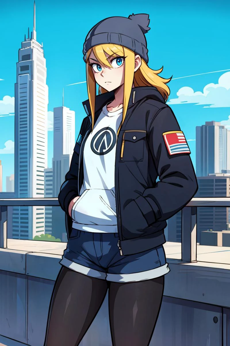 ratatat style, 1girl, solo, cityscape, beanie, hands in pocket, jacket, shorts, pantyhose