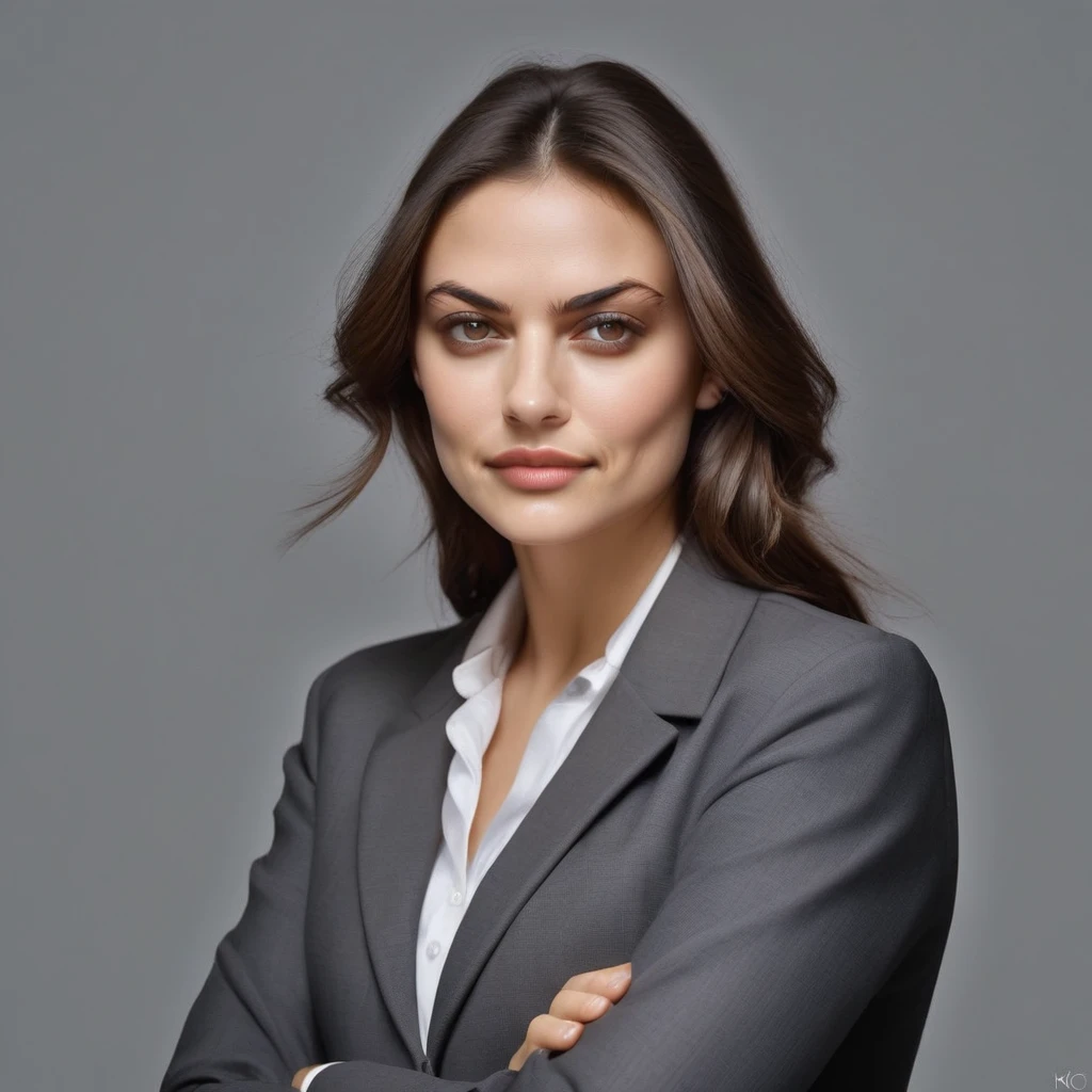 Professional studio headshot of a beautiful, brown hair girl, Bestface1, key light and fill light creating a balanced exposure. Clean, grey background, 50mm lens for a natural look, confident stance with arms crossed, looking directly at the camera.