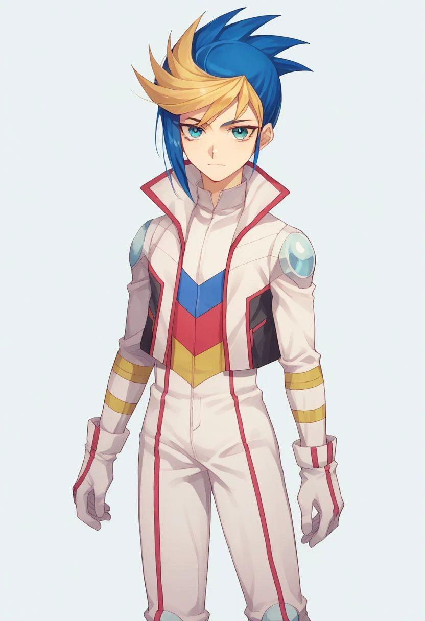 score_9, score_8_up, score_7_up, source_anime, highly detailed,
yugo, 1boy, solo, male focus, gloves, multicolored hair, blue hair, blonde hair, dyed bangs, two-tone hair, jumpsuit, white jumpsuit, jacket, white jacket, stripes, elbow, knee pads, boots