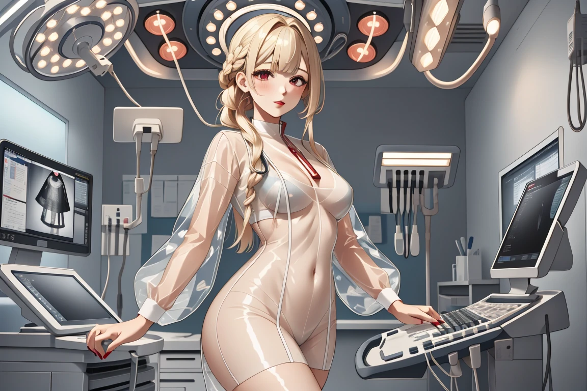 (RAW photo, best quality,facing the viewer,from front), operating room, overhead surgical light,blurred background, focused, dithering,backlighting,
 <lora:CM_Doctor_Latex_Ultrasound_V2.0-000004:0.9> doctor latex ultrasound, 1girl, solo, see-through, instrument, bodysuit, intravenous drip, computer, keyboard (computer),doctor, 
 <lora:Tanya Moon:0.7> tanya moon, cstch06, 1girl, long hair, blonde hair, red eyes, medium breasts, braid, lipstick, red nails, thick thighs, blunt bangs, long fingernails, red lips,