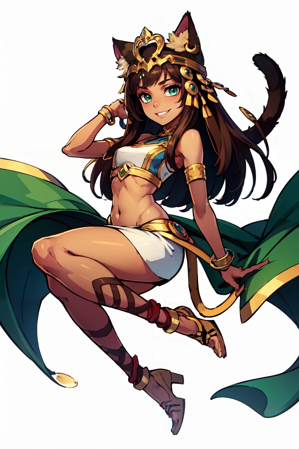 ((masterpiece,best quality)), absurdres,   <lora:Bastet_v2:0.7>, zzBastet, brown hair, green eyes, tiara,  white skirt, white crop top, medium breasts, ankle lace-up, cat ears, dark skin, jewelry, midriff, very long hair, cat tail, wide hips, curvy, smile, looking at viewer, smug,