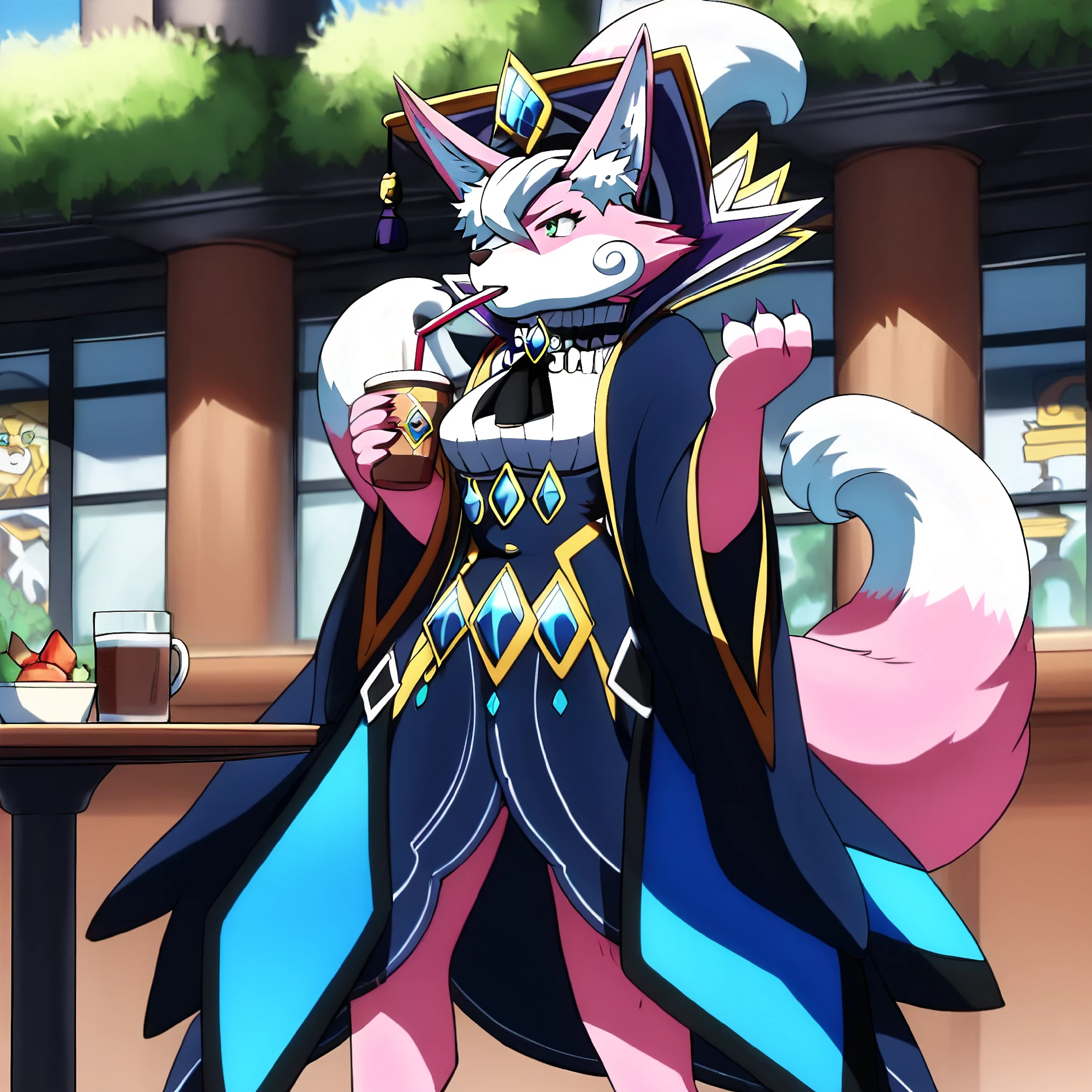 score_9, score_8, score_7, best quality, masterpiece, isabelle_(cardfight_vanguard), solo, 1girl, furry female, furry, multiple tails, fox ears, standing, drinking, cup, cafe, dress, wide sleeves,  breasts, green eyes, brooch, black ascot, 