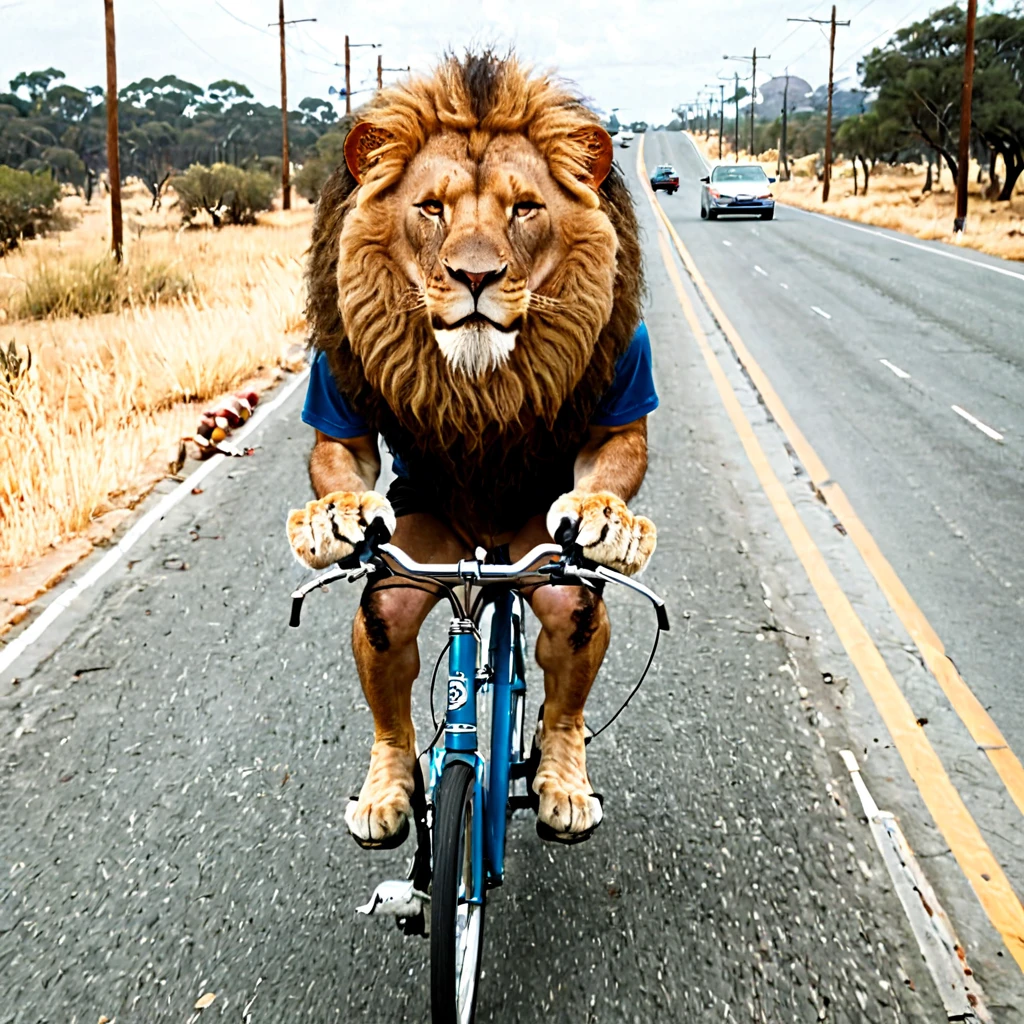 Photorealistic animallora, lion riding a bike . Ultra-high detail, lifelike textures, realistic lighting, high-resolution, low quality,reddit,real life photo,traditional media,Amateur,film grain,RAW, animallora, lion riding a bike,