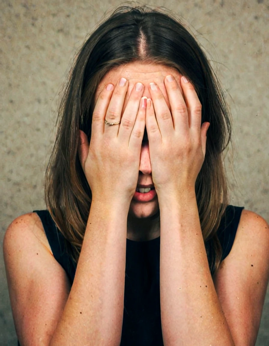low quality,reddit,real life photo,traditional media,Amateur,film grain,RAW, handslora, 1girl, solo, portrait, hands hiding face,
