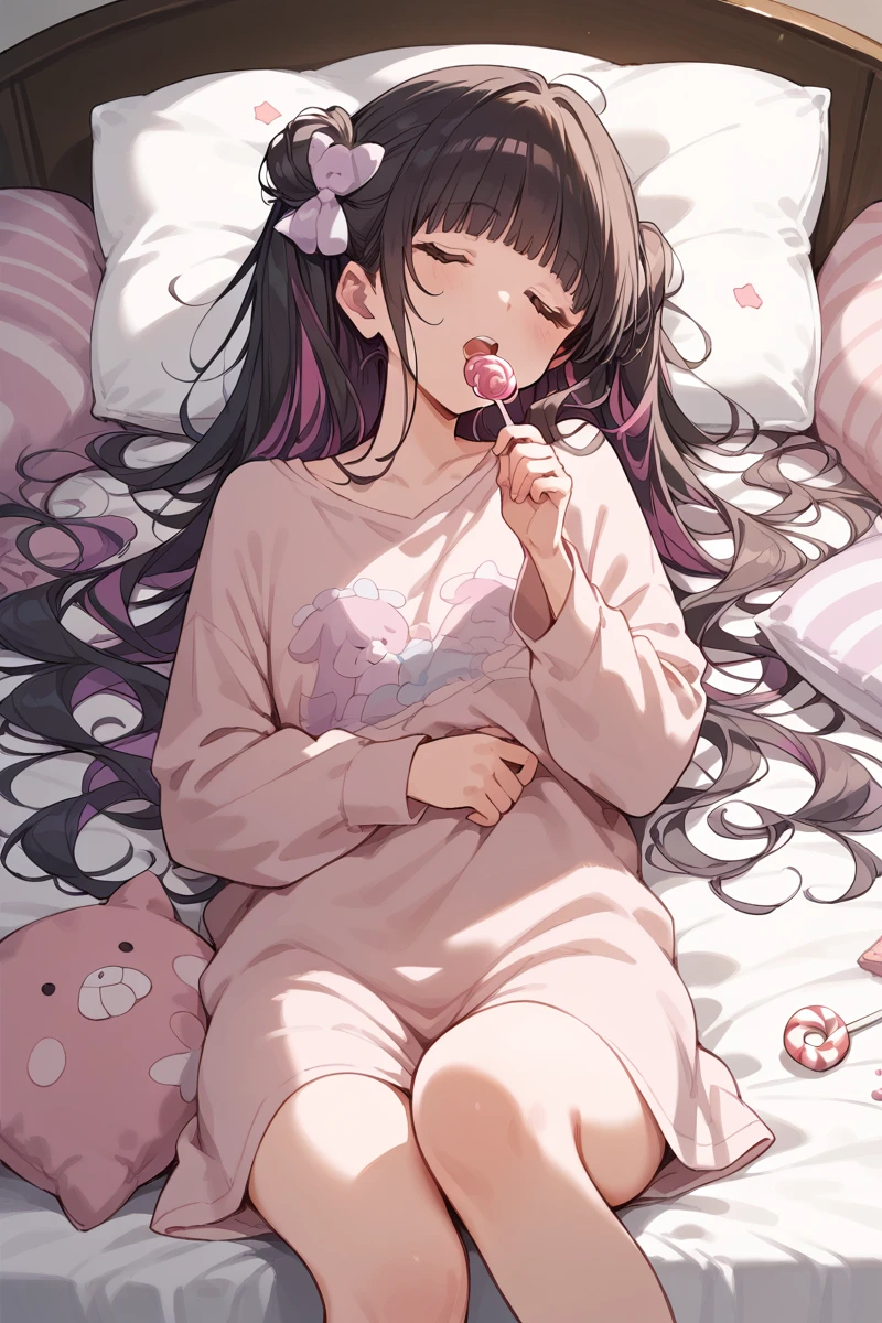 score_9, score_8_up, score_7_up, score_6_up, 1girl,
<lora:Kaibara_Michiru:0.9> michiru, loose hair, long hair, bangs, sleepwear, on bed, candy, pillows,