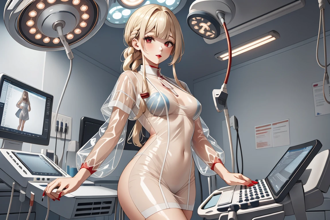 (RAW photo, best quality,facing the viewer,from front), operating room, overhead surgical light,blurred background, focused, dithering,backlighting,
 <lora:CM_Doctor_Latex_Ultrasound_V2.0-000004:0.9> doctor latex ultrasound, 1girl, solo, see-through, instrument, bodysuit, intravenous drip, computer, keyboard (computer),doctor, 
 <lora:Tanya Moon:0.7> tanya moon, cstch06, 1girl, long hair, blonde hair, red eyes, medium breasts, braid, lipstick, red nails, thick thighs, blunt bangs, long fingernails, red lips,