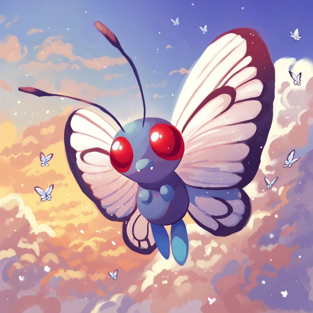 score_9, rating_safe, butterfree, no humans, pokemon (creature), solo, butterfly wings, white wings, red eyes, antenna, feral, outdoors, sky, day, cloud