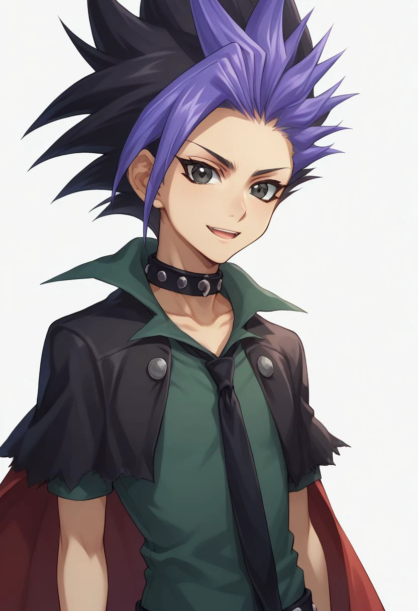 score_9, score_8_up, score_7_up, source_anime, highly detailed, 
yuto, 1boy, male focus, solo, black hair, spiked hair, multicolored hair, shirt, looking at viewer, black eyes, purple hair, collar, dyed bangs,
black hair, two-tone hair, choker, bangs, thorn clothes, 
outdoor, white background, gentle smile, open mouth,