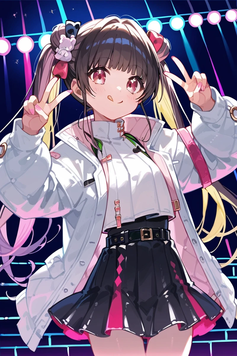 score_9, score_8_up, score_7_up, score_6_up, 1girl,
 <lora:Kaibara_Michiru:0.9> michiru, twintails, long hair, bangs, white jacket, double v, smile, tongue, color lights, club stage,