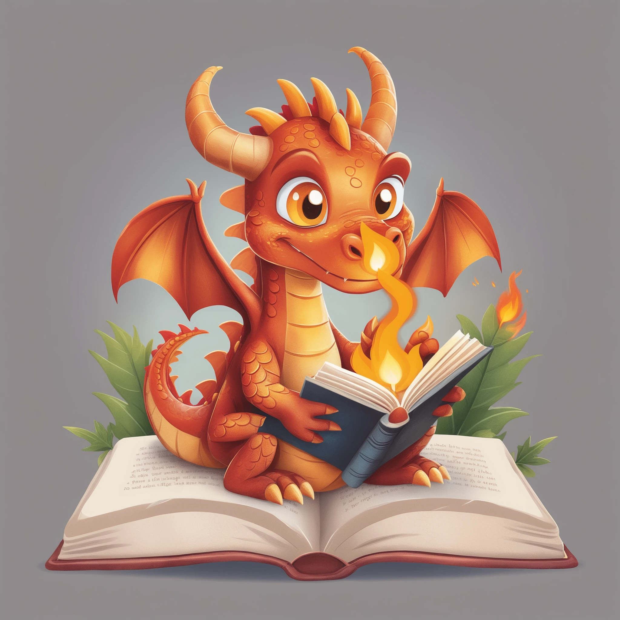 FRESHIDEAS A cartoon dragon who practices spells book bookmark breathing fire claws fire flame full body grey background holding holding book horns leaf no humans open book paper plant potted plant reading sitting solo vines wings,