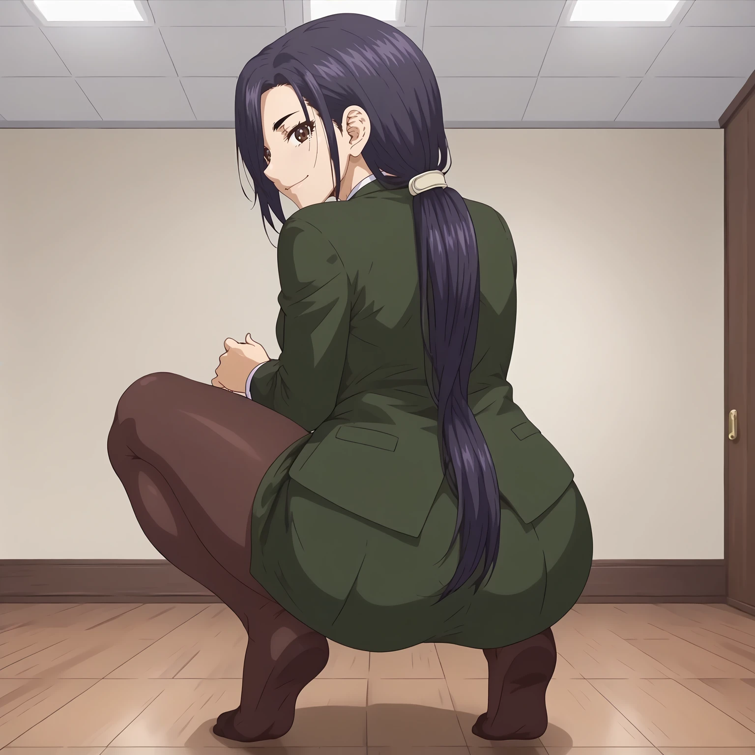 <lora:RingoMashiroXLpony001>,
looking at viewer,smile,
solo,
RingoMashiro,1girl,purple black hair,long hair,low ponytail,brown,
business_suit,green jacket,white shirt,
green skirt,
black_pantyhose,
indoors,
full body,squatting,looking back,