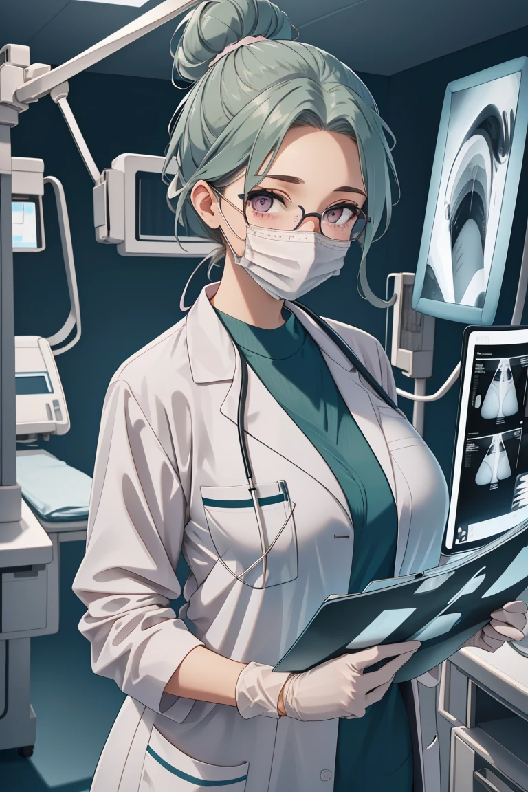 (RAW photo, best quality,facing the viewer,from front), operating room, overhead surgical light,blurred background, focused, dithering,backlighting,
 <lora:CM_Doctor_Checking_Xray_V2.0-000004:0.9> doctor xray, 1girl, solo, surgical mask, doctor, looking at viewer, labcoat,xray,
 <lora:Camilla Kloudiam:0.57> camilla kloudiam, ocg:0001, 1girl, green_hair, glasses, pink_eyes, freckles, single hair bun, large breasts, mature female,