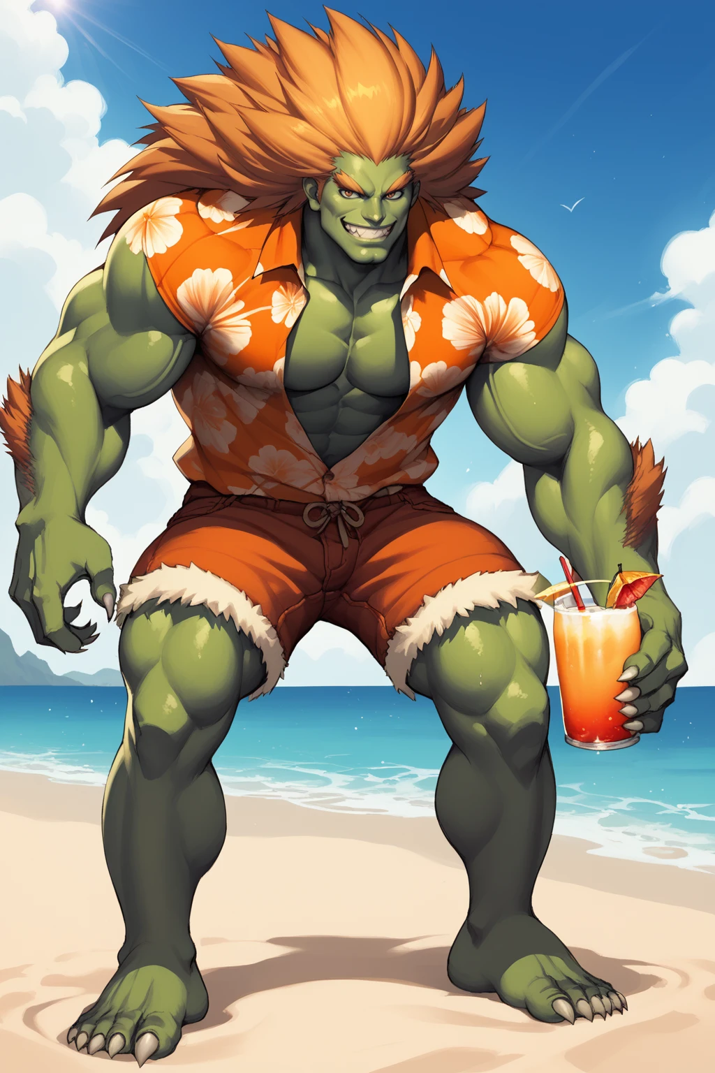 score_9, score_8_up, score_7_up, masterpiece, high quality, BREAK
 <lora:Blanka SF2PonyLoRA:0.8>blnka, long hair, colored skin, green skin, monster boy, claws, fur, shorts, (Hawaii shirt), on the beach, holding a drink, smile, open clothes
 <lora:Blade&SoulPonyLyco:1> bns