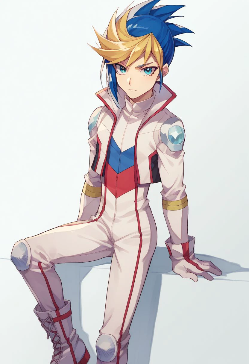 score_9, score_8_up, score_7_up, source_anime, highly detailed,
yugo, 1boy, solo, male focus, gloves, multicolored hair, blue hair, blonde hair, dyed bangs, two-tone hair, jumpsuit, white jumpsuit, jacket, white jacket, stripes, elbow, knee pads, boots