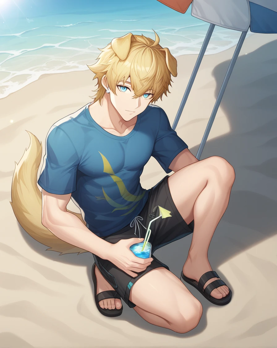 score_9, score_8_up, BREAK, <lora:Tequila_Pony__Arknights:0.8>, tequila_arknights, 1boy, solo, male focus, full body, looking at viewer, shorts, blue shirt, sandals, beach, ocean, sand, beach umbrella, under umbrella, cocktail umbrella,