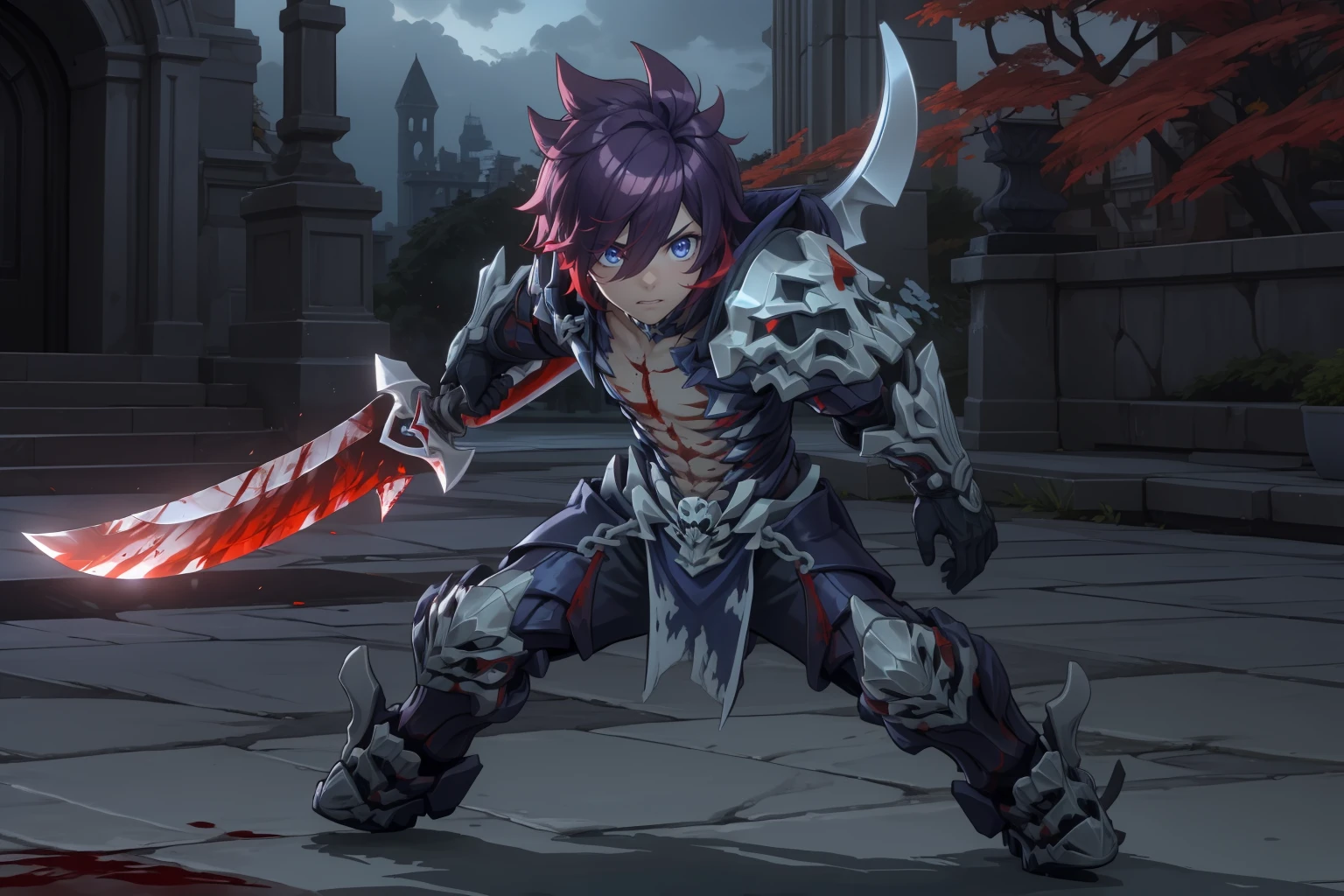 masterpiece, best quality, ultra-detailed, 1boy, solo, thanatos_rom, fierce, agony, (holding sword:1.2), battle scene,  scar on chest, fighting stance, purple aura, full body, looking at viewer, (holding weapon),enchanted armor,ancient,intricate details,expressive drips,(energetic movement),(sense of depth),glowing aura,in the depths of a gloomy dungeon,illuminated by divine light,(perfect lighting),(mysterious scenery),magical lighting,skull,blood,blood splatter,
<lora:thanatos-rom-10:0.8>, <lora:add_detail:0.5>