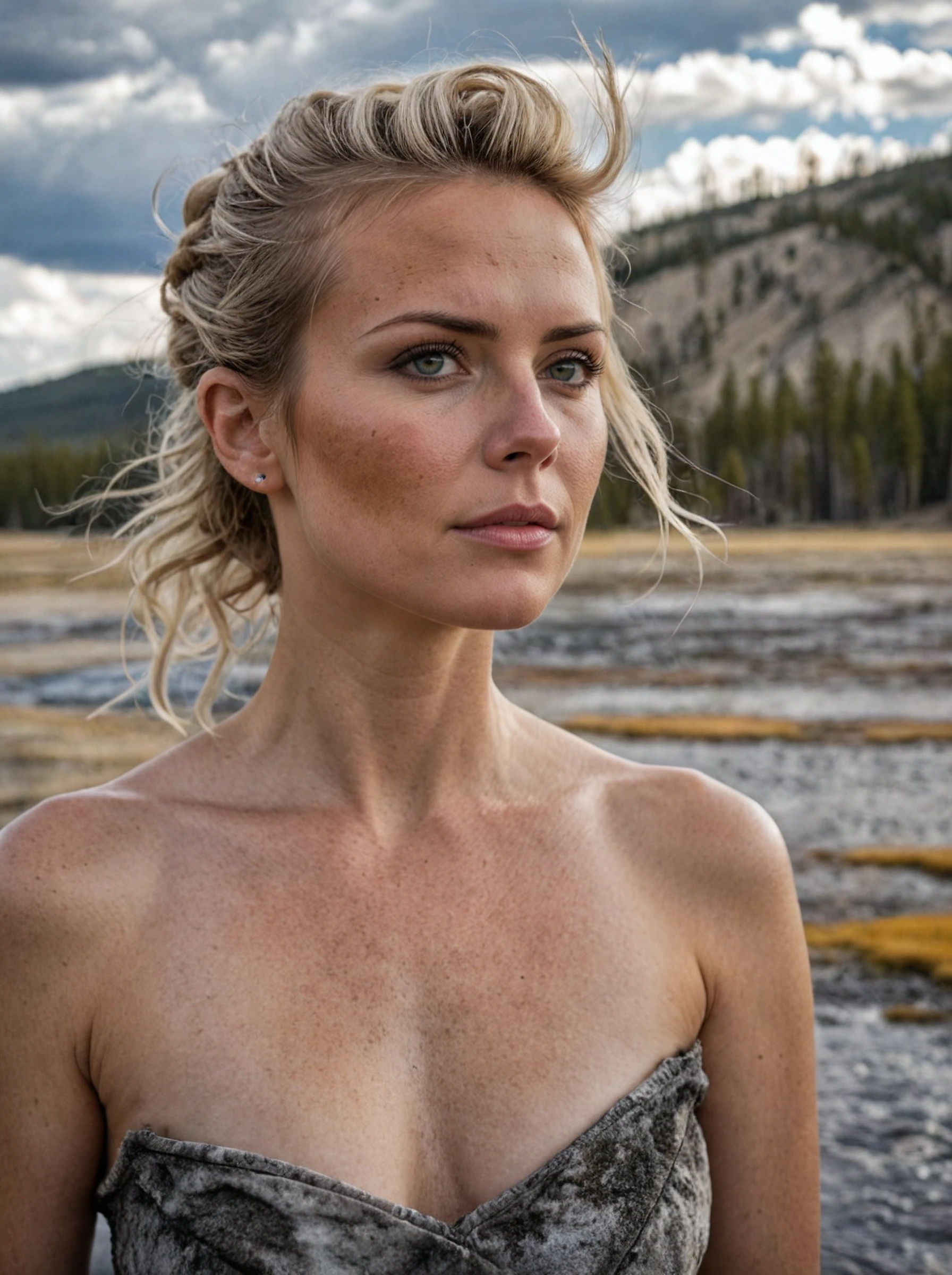 a beautiful cinematic sexy female,Bald,two-tone hair,Sharp focus,natural beauty of Yellowstone National Park is unparalleled, with geysers, hot springs, and wildlife,style by Mandy Disher,,Canon EF,Black lighting