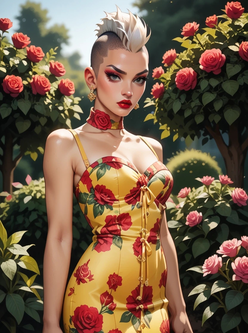 score_9, score_8_up, score_7_up, score_6_up, 1girl, white Mohawk Updo hair, makeup, lipstick, hud_dk_4, long yellow dress, floral print, sleeveless, <lora:dollskillpny-10:0.7>, garden