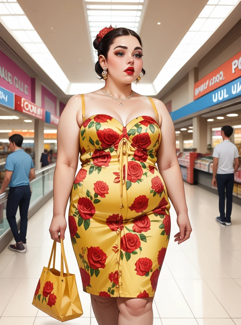 score_9, score_8_up, score_7_up, score_6_up, 1girl, Messy Quiff with Tapered Sides, makeup, lipstick, hud_dk_4, long yellow dress, floral print, sleeveless, <lora:dollskillpny-10:0.6>, mall, shopping, bag, plump