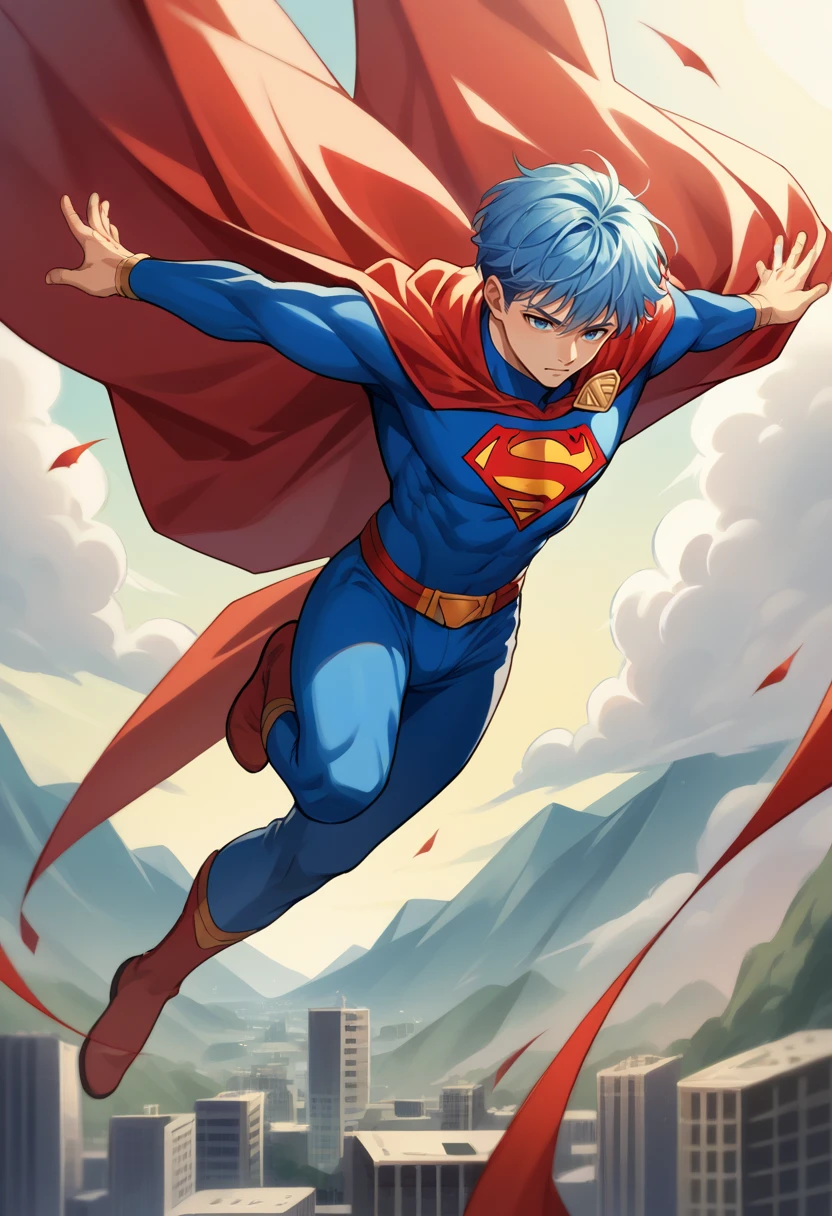 score_9, score_8_up, source_anime, 1boy, solo, HimmelFrieren, blue hair, short hair, blue eyes, red cloak, superman outfit, flying, <lora:ChamHimmelPonyXL:1>