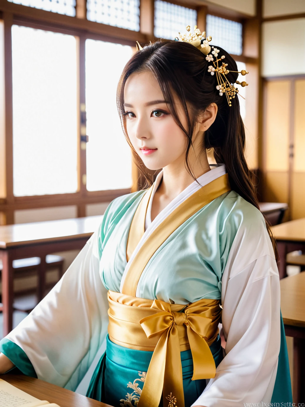absurdres,incredibly absurdres,cinematic_angle,Cinematic Lighting,golden moment sea backlight,anatomically correct,classroom,RAW photography,professional grade,(Charming Face:1.4),(sutocking beautiful,cure lovely,shy,implicit,perseverance),cute & girly \(idolmaster\),hanfu,