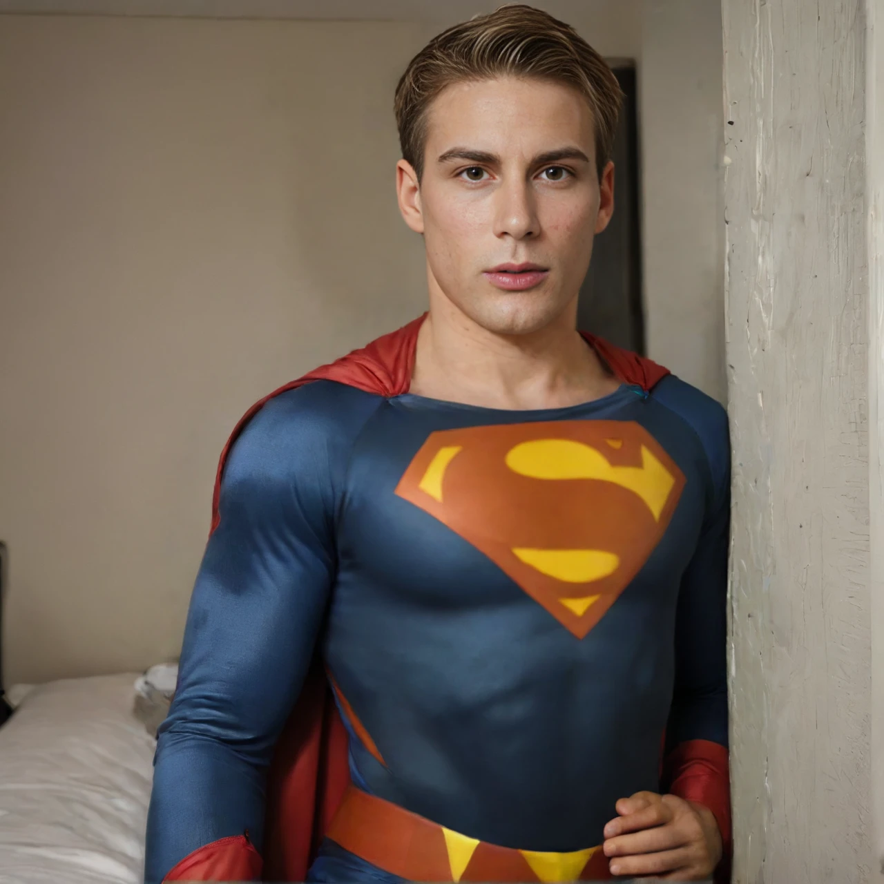 (masterpiece), (best quality), (ultra-detailed), dachadknight wearing a superman outfit in a start empty bedroom, detailed male hands, looking at viewer, short hair, black hair, 1boy, brown eyes, closed mouth, upper body, male focus, cape, bodysuit, bed, covered navel, muscular, facial hair, pectorals, muscular male, bara, realistic, red cape, superhero, blue bodysuit, covered abs, illustration, disheveled hair, detailed eyes, perfect composition, moist skin, intricate details, earrings, by wlop, dachadknight wearing a superman outfit in a start empty bedroom, detailed male hands, looking at viewer, short hair, black hair, 1boy, brown eyes, closed mouth, upper body, male focus, cape, bodysuit, bed, covered navel, muscular, facial hair, pectorals, muscular male, bara, realistic, red cape, superhero, blue bodysuit, covered abs, quality, highly intricate, epic cinematic, dramatic, breathtaking, thought, perfect, sharp, very beautiful, elegant,, extremely inspired, colorful, light, color, illuminated, amazing, glowing, aesthetic, fine detail, pretty, professional, artistic, pure, deep, luxurious, elite, decorated, bright, rich