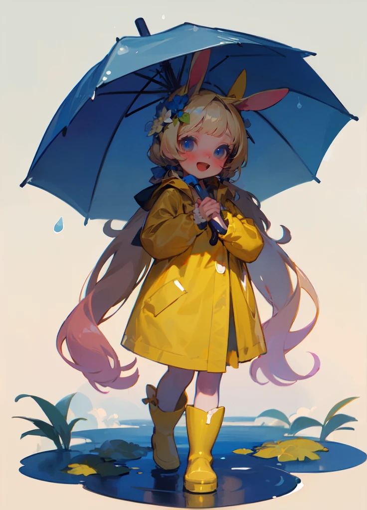 (masterpiece, best quality:1.4)  <lora:PetraVoice1.51:0.8> 1girl,rainbow,raincoat,yellow raincoat,rubber boots,hydrangea,flower,long hair,twintails,boots,blush,umbrella,open mouth,hair ornament,white background,hood,solo,teruterubouzu,very long hair,hood up,long sleeves,low twintails,bow,bangs,smile,animal hood,blue eyes,rabbit,closed umbrella,puddle,full body,:d,snail,yellow footwear,simple background,pink flower,standing,leaf umbrella,holding umbrella,food-themed hair ornament,hair bow,animal ears,holding,blonde hair,hair flower,rain,animal,