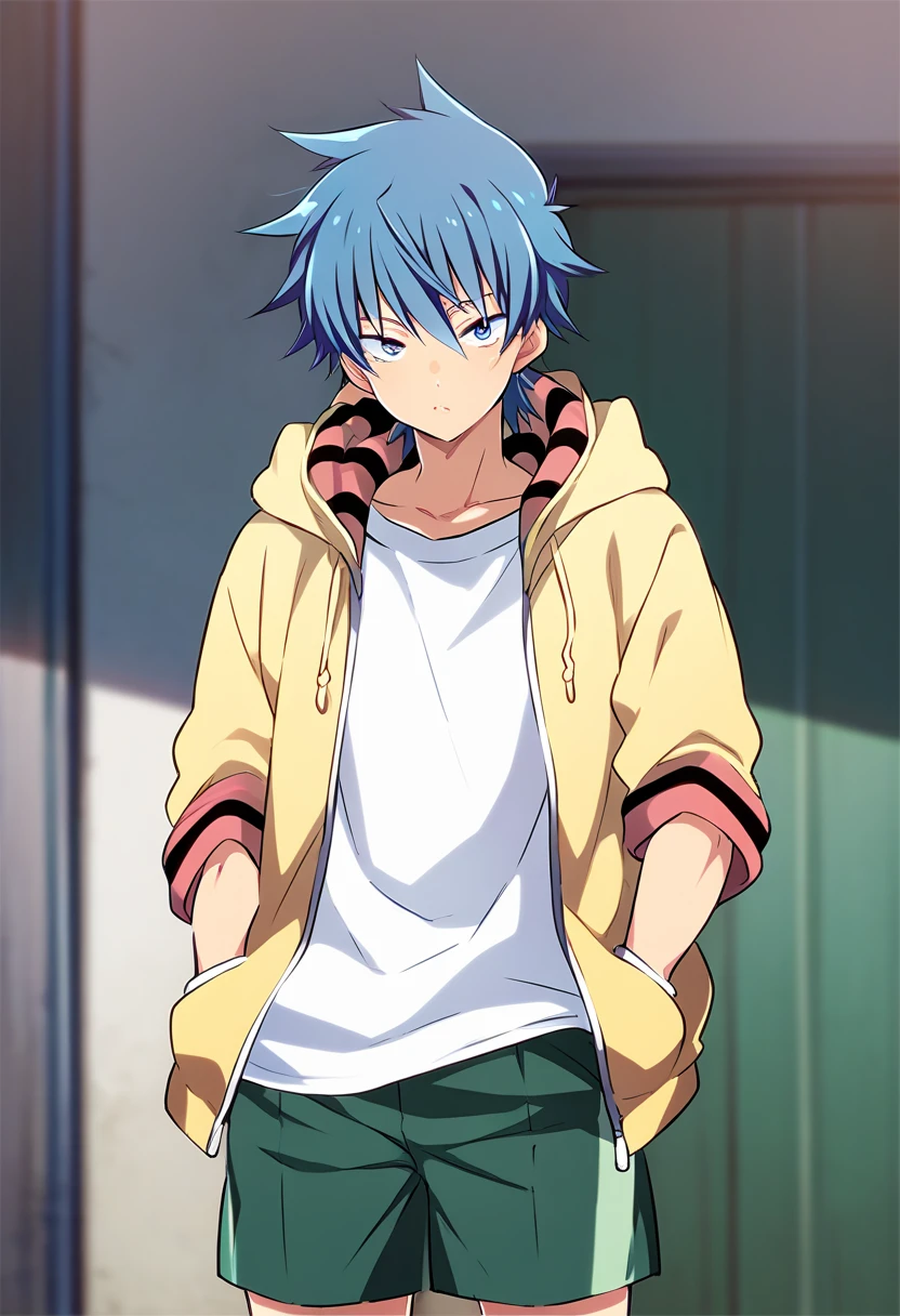 score_9, score_8_up, score_7_up, score_6_up, detailed, cowboy shot,best quality ,source_anime, male focus,
azuma, blue eyes, blue hair, solo, , hoodie, white shirt, green shorts<lora:EMS-405387-EMS:1.000000>