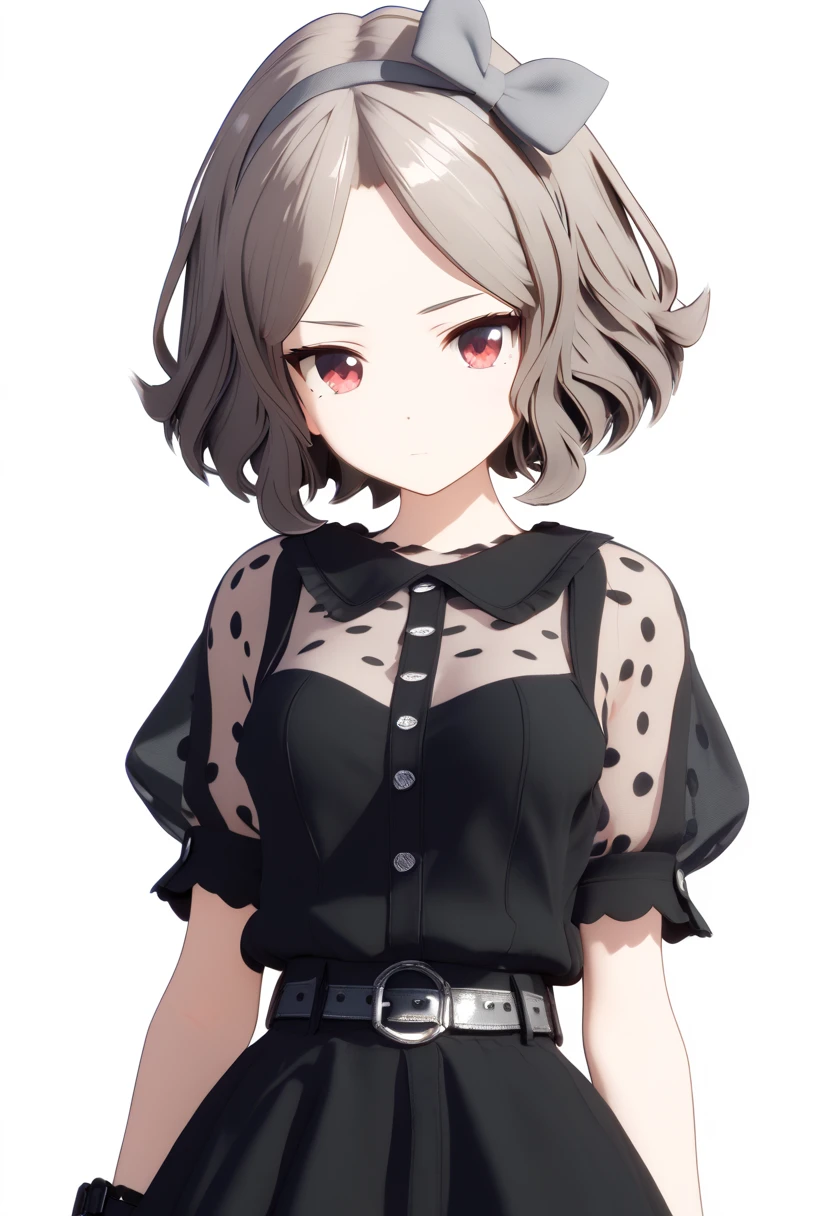 (score_9,score_8_up,score_7_up, ),
<lora:GBC_TOMO:1>,GBC_TOMO,1girl,solo,red eyes,short hair,wavy hair,brown hair,short sleeves,puffy sleeves,polka dot short sleeve,black skirt,see-through sleeves,gray hairband,gray hair bow,black watch,bow hairband,wristwatch,belt,buckle,looking at viewer,closed mouth,upper body,expressionless,standing,arms at sides,shiny hair,black dress,medium breasts,
simple_background,white_background,3d