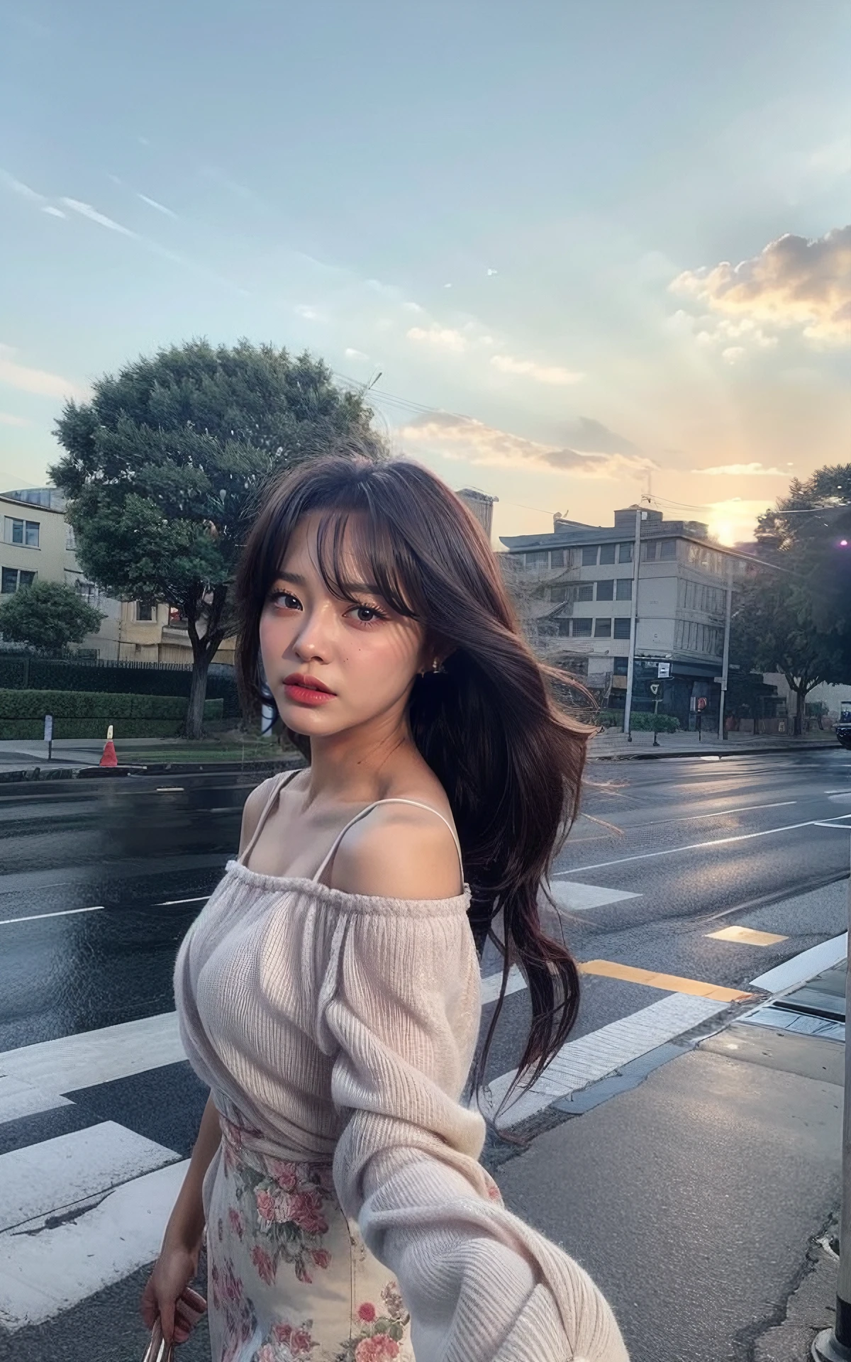 <lora:Sejeong_V1:1> Sejeong_V1, (realistic), (hyperrealism), (photorealistic:1.4), 1girl, looking at the viewer, eye makeup, detailed eyes, detailed face, (upper body:1.2), detailed background, black dress, walking at the streets, sunset, (windy:1.2) <lora:more_details:1>