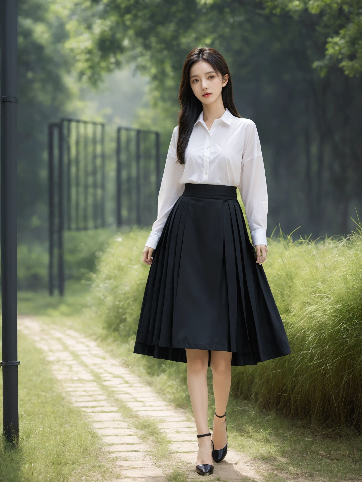 Realistic,Masterpiece,18 - year - old , Super High Resolution, (reality: 1.4) , 1girl, full body shot, Half skirt, shirt, black color, outdoor, realistic,hands,realistic,depth of field,  wearing majien <lora:Jay-MajienXL:1>, (best quality:1.3)