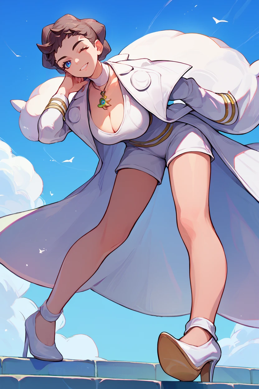 score_9, score_8_up, score_7_up, score_6_up, source_anime, solo, <lora:diantha-pdxl-nvwls-v1-000005:1> diantha, brown hair, necklace, white coat, white shirt, white shorts, high heels , cleavage, leaning forward, wink, big breasts, smile, looking at you, from below, blue sky