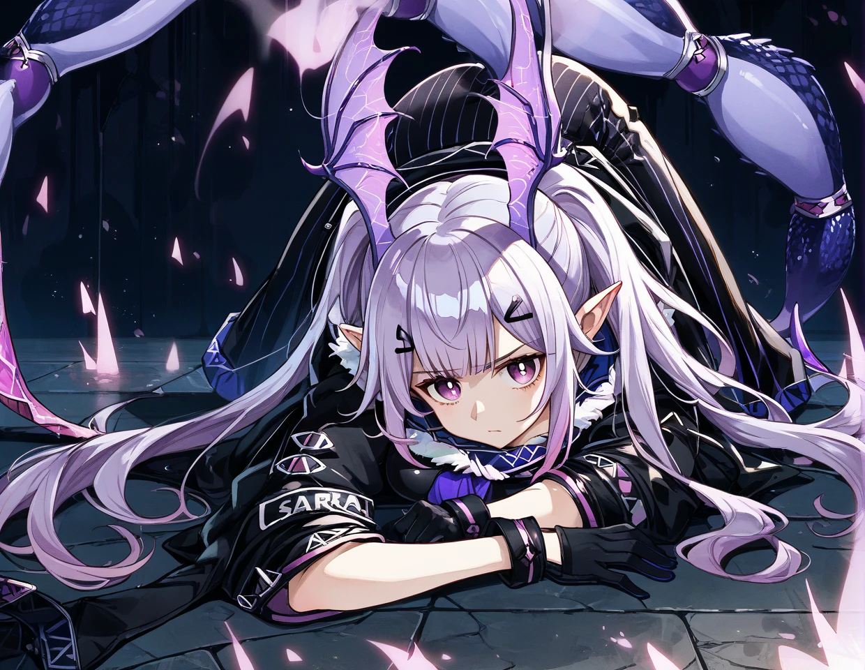 close-up,1girl,solo,<lora:manticore(arknights)_pony:1>,manticore(arknights),pointy ears,twintails,long hair,light purple hair,bat wings,head wings,scorpion tail,
looking at viewer,black suit,striped pants,black gloves,purple tie,
serious,(purple aura,energy,dark aura:1.1),bent_over,leaning_forward,floating hair,zettai ryouiki,kneehighs,spread legs,top-down_bottom-up,, score_9,score_8_up,score_7_up,score_6_up,score_5_up,score_4_up,