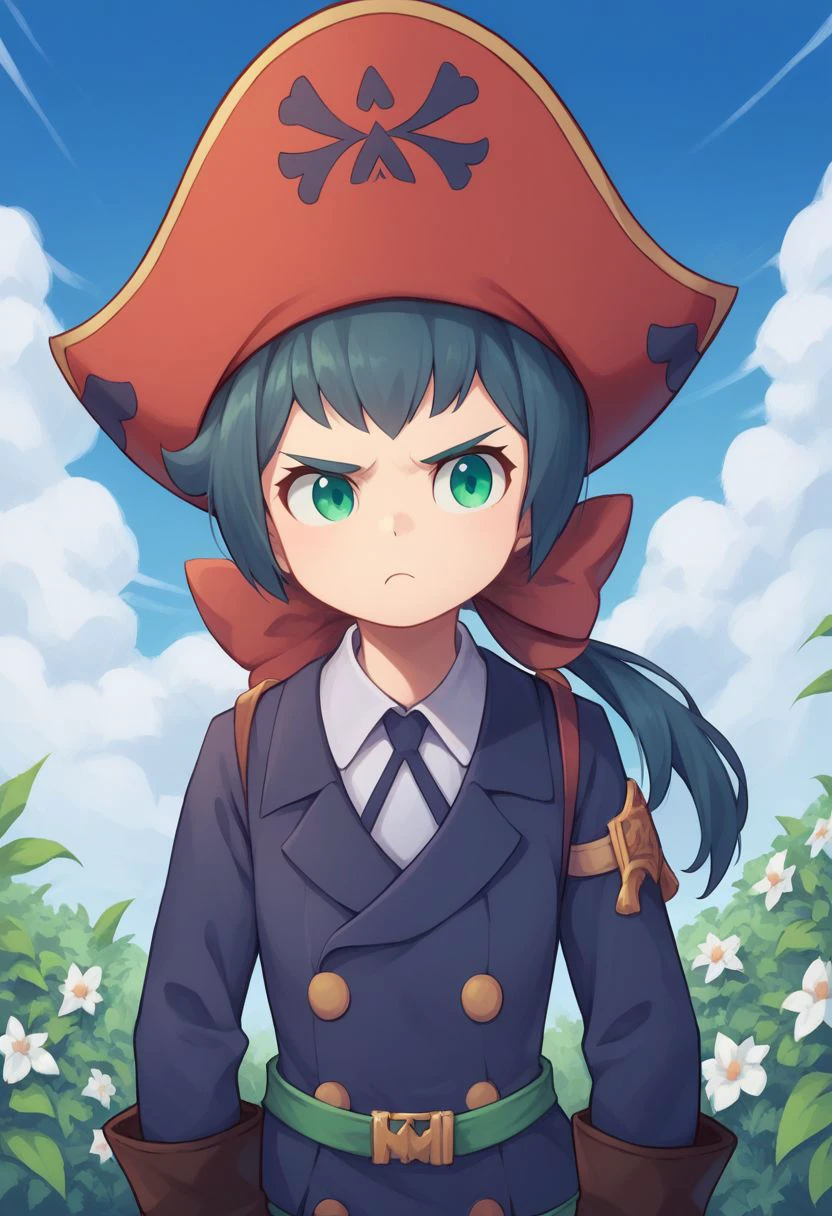 score_9, score_8_up, score_7_up, source_anime, highly detailed, 
constanze, 1girl, solo, hat, luna nova school uniform, brown gloves, gloves, pirate hat, red hat, upper body, closed mouth, standing, green eyes, ponytail, long hair, dress, bow, long sleeves, frown,
outdoor, garden, sky, clouds