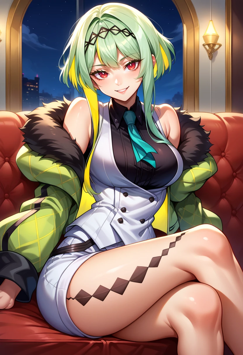 score_9, score_8_up, score_7_up, source_anime BREAK solo, 1girl,  <lora:Ringo-pdxl_Fp:1>, ringosh2, short hair with long locks, green hair, multicolored hair, red eyes, hairband, white vest, white shorts, necktie, smile, shirt, body markings, sleeveless, collared shirt, jacket, cropped jacket, fur trim, looking at viewer,  sitting, crossed legs, couch, off shoulder, night, leg tattoo,