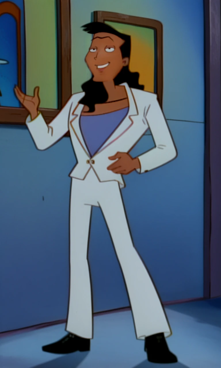 <lora:Ronnie_Matthews_-_Hey_Arnold_1998-10:1.3>ronnie_matthews, dark skin, tan skin, black hair, mullet, unibrow, low cut blue under shirt, exposed_chest, white leisure suit, smile, lowered eyelids, white pants, black boots, full body,, source_cartoon, score_9, score_8_up, score_7_up,
