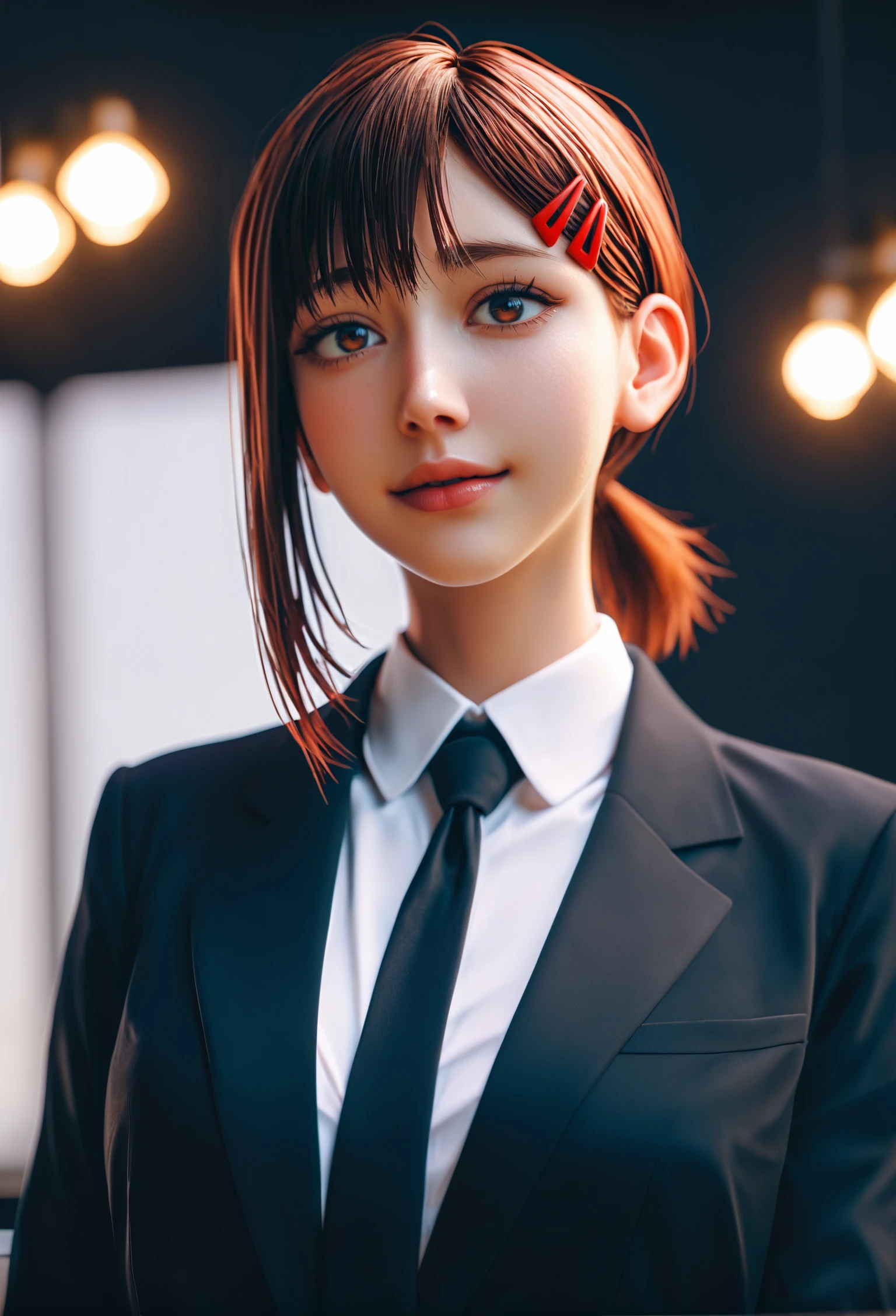 score_9, score_8_up, score_7_up, A cute girl realistic, Kobeni Higashiyama from chainsaw man,brown short ponytail with bangs/a shoulder-length hair strand hanging on the right side, two red hair clips on the left side ,brown eyes , moles on her face; two under her left eye, one on the lower right side of her mouth and one on her left cheek, anguish,wearing black suit white shirt tie and slacks,dutch angle,close up,half body shot,black background,3DCG,3D rendering,realistic,white lighting,transparent hair,blender, cinematic lighting,soft light,white rim light,high detail,hyper quality,beautiful studio lighting,unreal engine,super detailed, perfect shading,unreal engine,super detailed, 32K,8k