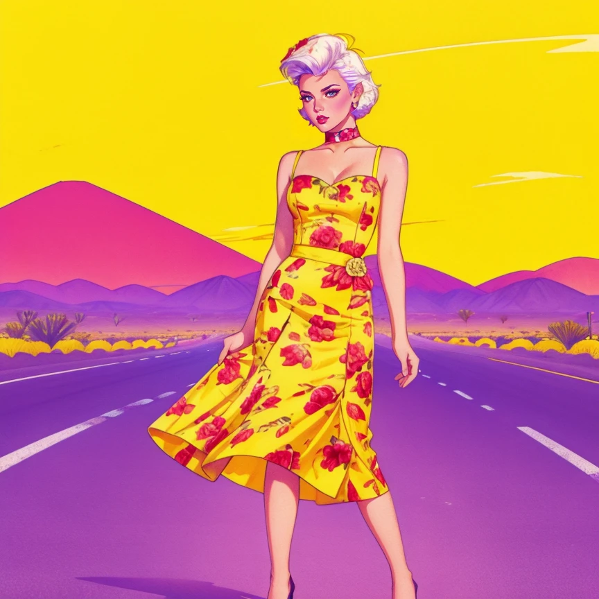 1girl, solo, white Short Crop with Skin Fade hair, makeup, lipstick, hud_dk_4, long yellow dress, pencil skirt, floral print, sleeveless, choker, high heels, <lora:hud_dk_4_SD15:0.6>, road, desert, sunset, shadow on face, hud_jem_boxart, colorful retro artstyle, colorful background, neon, <lora:Jem_80s_Cartoonbox_art_SD15:0.7>