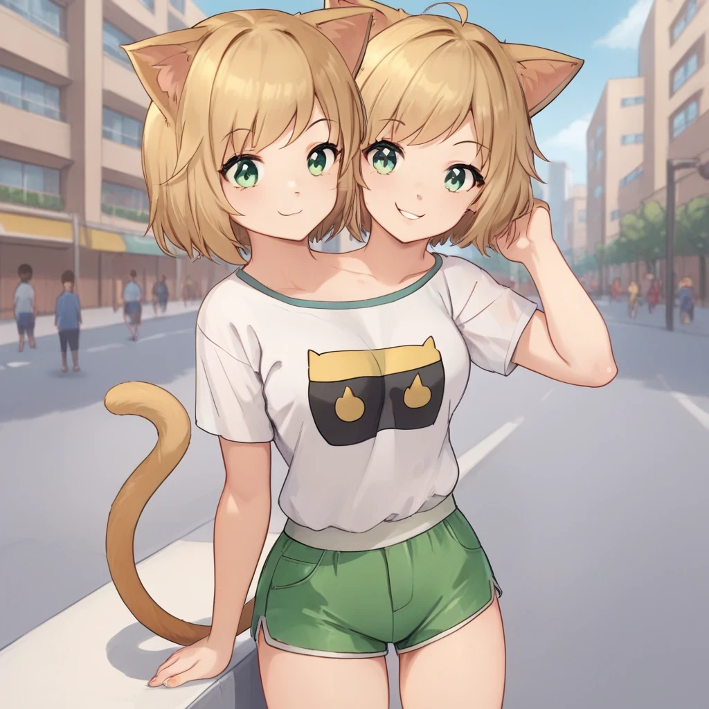 source_anime, score_9, score_8_up, BREAK two heads, conjoined, 1girl, cat ears, shirt, shorts, city background, smile