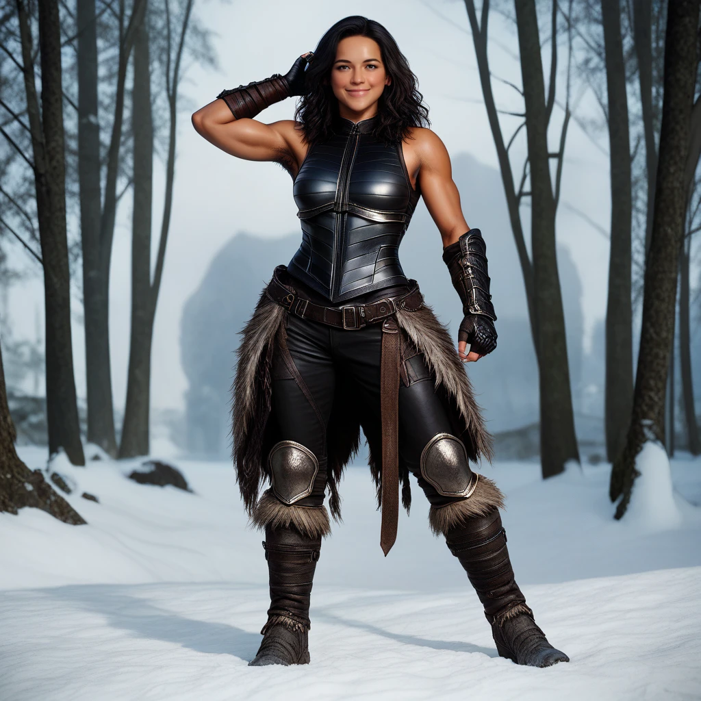 score_9, score_8_up, score_7_up, source_anime, professional photograph of Meg woman, dark skin, tanned, fit body, barbarian, wearing a full body leather armor, sleeveless, (greaves), fingerless gloves, gauntlets, toothy smile, hair combed back, hairy armpits, wavy hair, dark hair, looking at the viewer, in a snowy forest <lora:Michelle Rodriguez Pony:1> rating_questionable