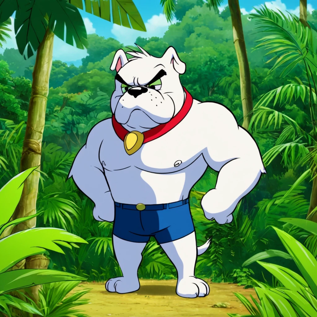 anime artwork of  <lora:animated cartoon style:0.9>
Spike A cartoon animated picture of a cartoon Bulldog standing in the middle of a jungle, animated cartoon style, solo, 1boy, closed mouth, upper body, male focus, outdoors, collar, tree, frown, parody, furry, spikes, hands on own hips, furry male, palm tree, spiked collar
, anime style, key visual, vibrant, studio anime,  highly detailed