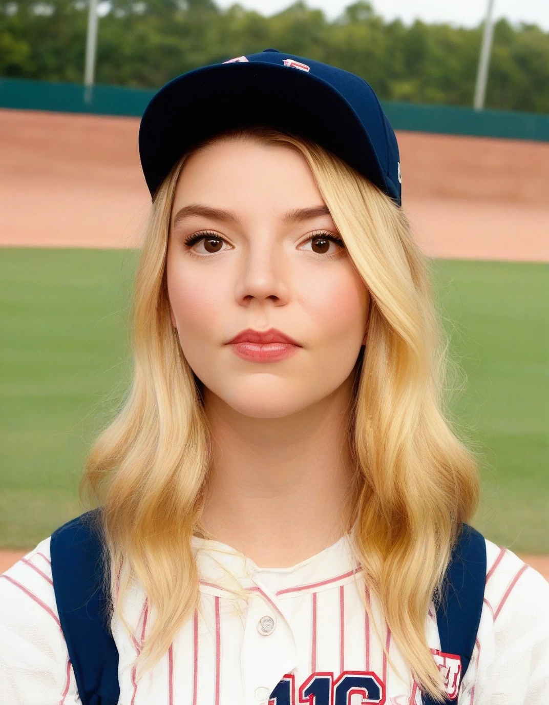 score_9,score_8_up,score_7_up, 1girl,long hair,blonde hair,brown eyes, looking at viewer,anyaTaylorPNY,outdoors,wearing a baseball uniform, cap,  face closeup,   <lora:anyaTaylorPNY:1>